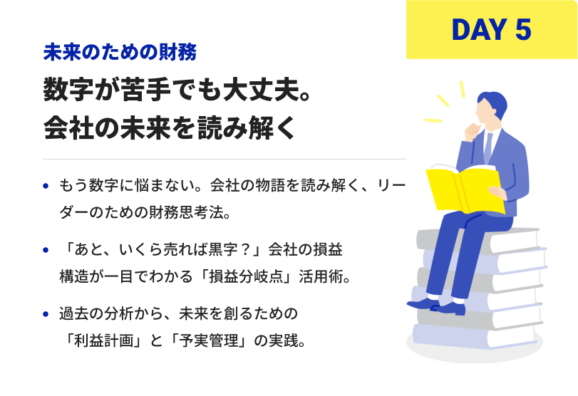 DAY5 未来のための財務 数字が苦手でも大丈夫。会社の未来を読み解く もう数字に悩まない。会社の物語を読み解く、リーダーのための財務思考法。 「あと、いくら売れば黒字？」会社の損益構造が一目でわかる「損益分岐点」活用術。 過去の分析から、未来を創るための「利益計画」と「予実管理」の実践。