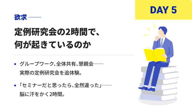DAY5 欲求 定例研究会の2時間で、何が起きているのか グループワーク、全体共有、懇親会──実際の定例研究会を追体験。 「セミナーだと思ったら、全然違った」──脳に汗をかく2時間。